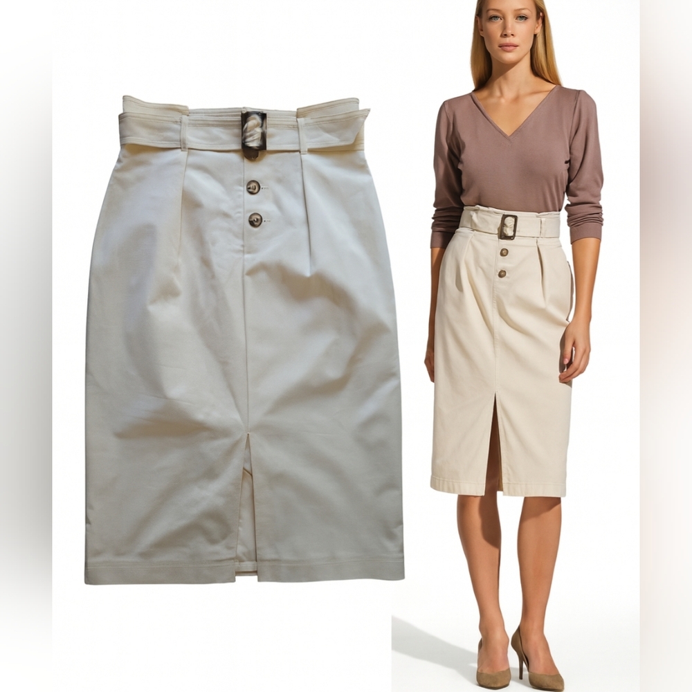 Antonio Melani High-Waist Belted Pencil Midi Skirt Beige‎ ~Small